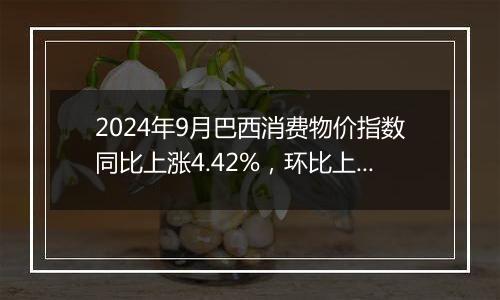 2024年9月巴西消费物价指数同比上涨4.42%，环比上涨0.44%