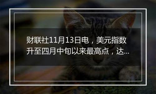 财联社11月13日电，美元指数升至四月中旬以来最高点，达到106.50